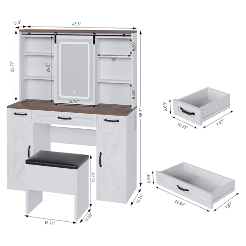 Farmhouse Vanity Desk with Lighted Mirror & Stool, 8 Shelves, 5 Drawers L80251