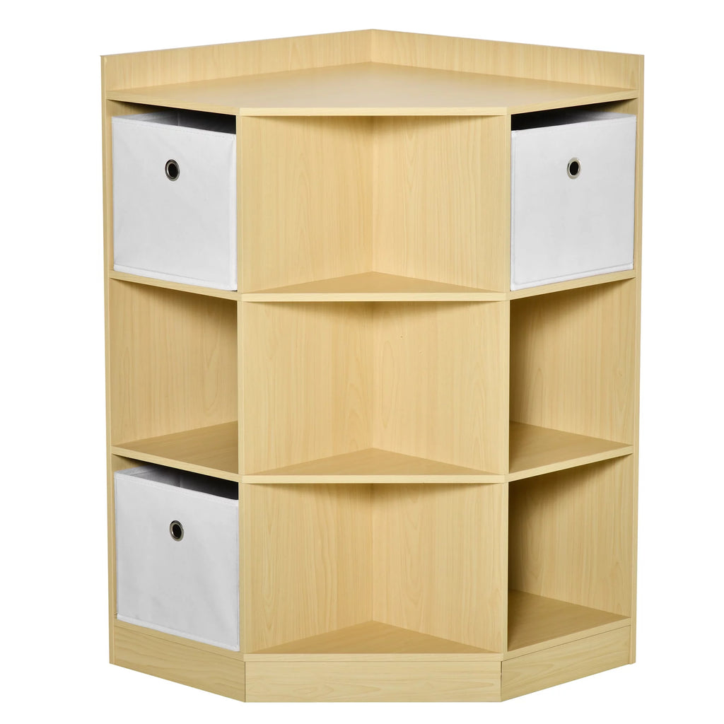 HOMCOM Kids Corner Cabinet, Cubby Toy Storage Organizer, Bookshelf Unit with Three Baskets for Playroom, Bedroom, Living Room, Natural