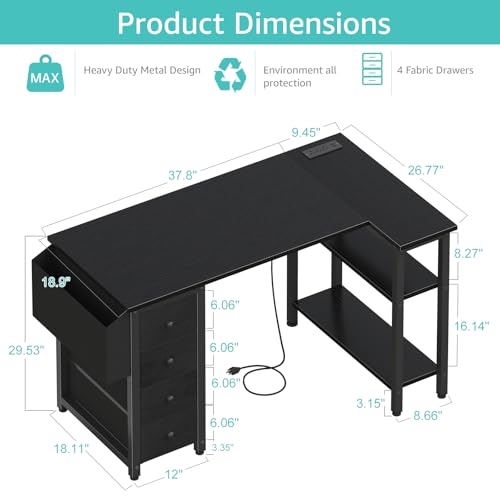 Lufeiya L Shaped Gaming Desk with Drawers & Power Outlet, Black A39519