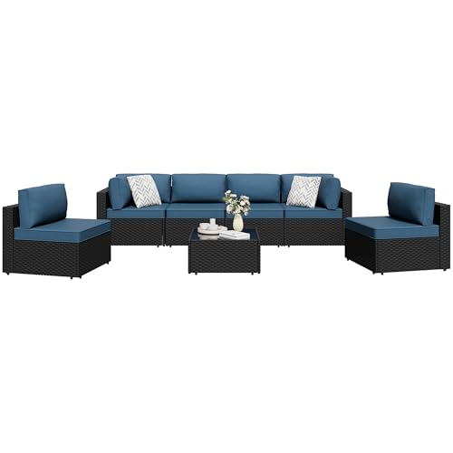 Shintenchi 5-Piece Outdoor Patio Sectional Sofa with Cushions and Glass Coffee Table, Aegean Blue U127322