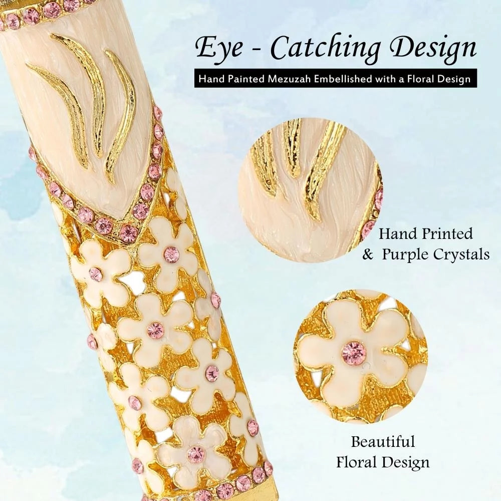 Matashi Hand Painted Enamel Mezuzah with Floral Design and Gold Accents L23446
