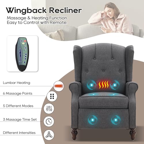 Wingback Recliner Chair with Massage and Heat, Tufted Fabric, Wooden Legs D91574