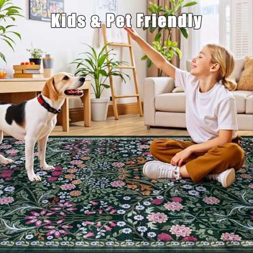 8x10 Floral Washable Area Rug for Living Room, Vintage Soft Non-Slip Carpet Z978379