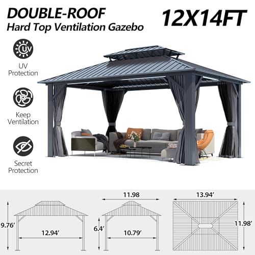 12'x12' Hardtop Gazebo with Galvanized Steel Roof, Aluminum Frame, Curtains & Netting X81832