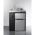 30" wide all-in-one kitchenette with 2-burner 115V coil cooktop, refrigerator-freezer, sink, and storage cabinet
