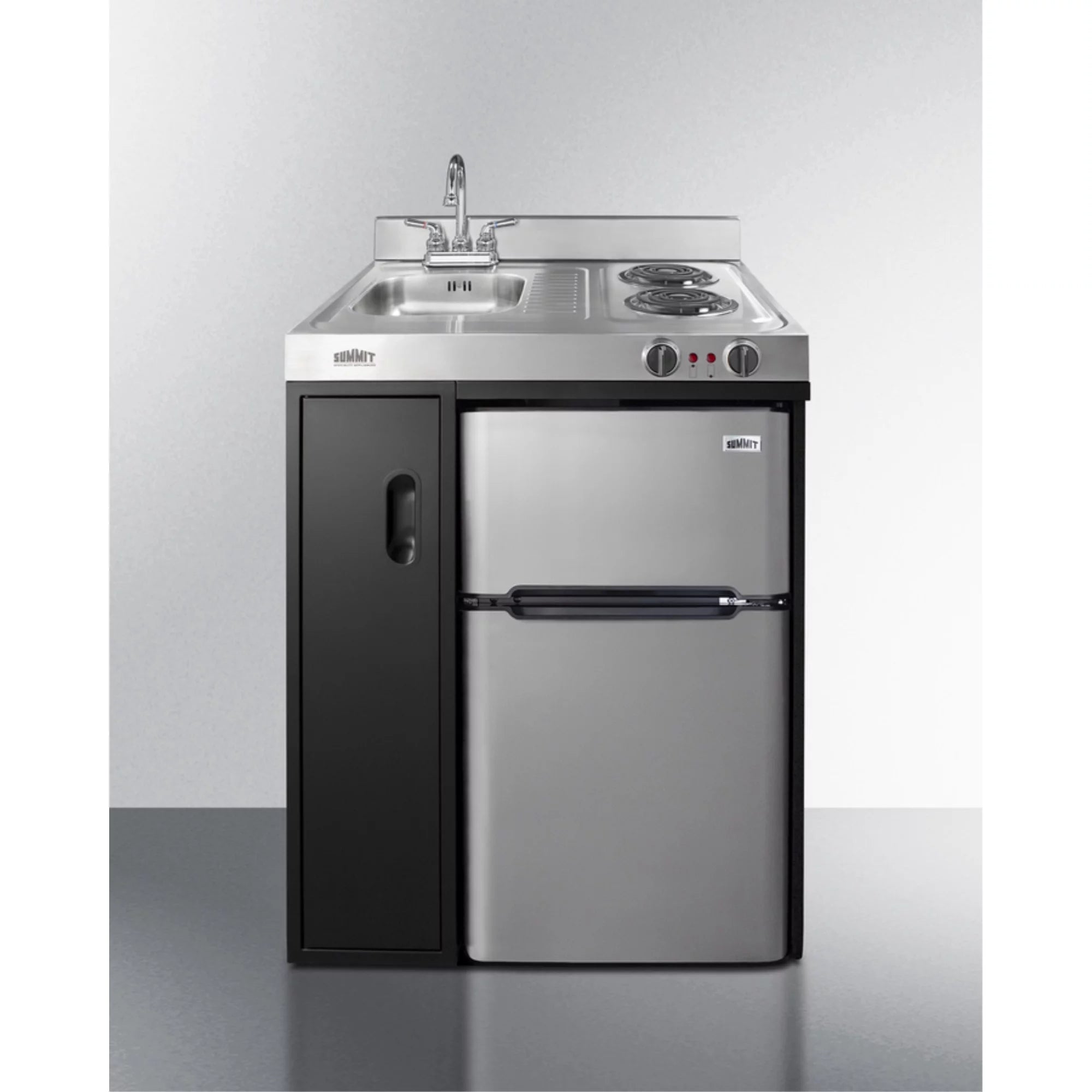 30" wide all-in-one kitchenette with 2-burner 115V coil cooktop, refrigerator-freezer, sink, and storage cabinet