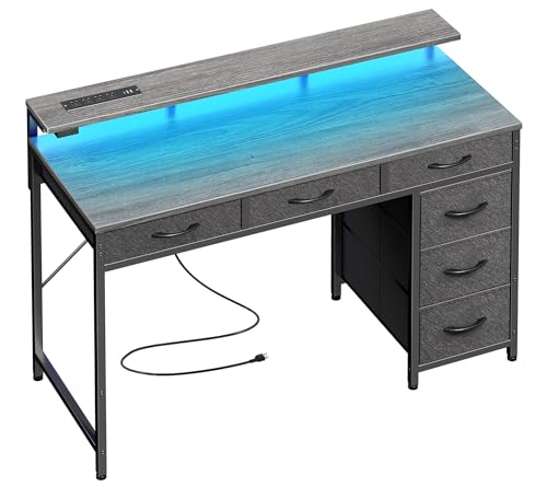 Huuger Gaming Desk with 6 Drawers, LED Lights, 47 Inch, Black N423283
