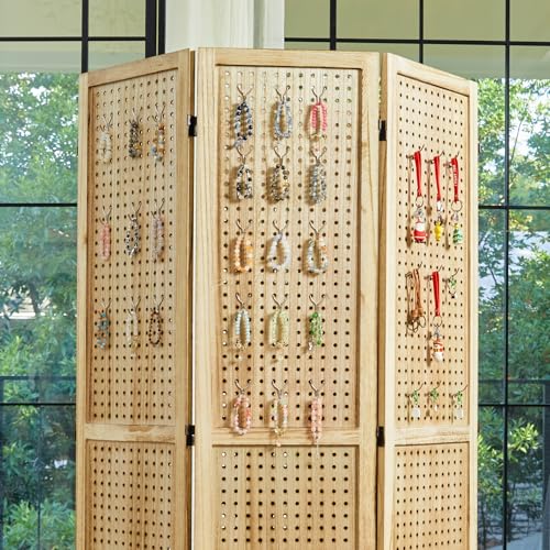 Pegboard Display 5.6Ft Wooden Room Divider Folding Privacy Screen Freestanding Wall Organizer, 4 Panels, Natural C603