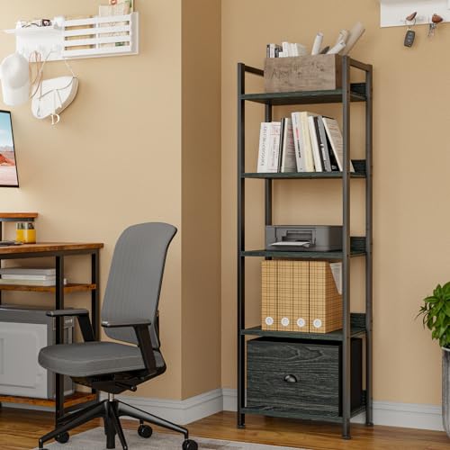 Furologee 5 Tier Bookshelf with Drawer, Industrial Tall Narrow Bookcase, Black T883828
