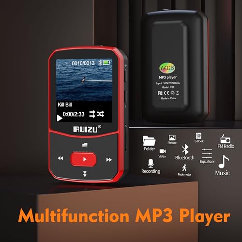RUIZU 64GB Clip MP3 Player with Bluetooth 5.3, Red D1527