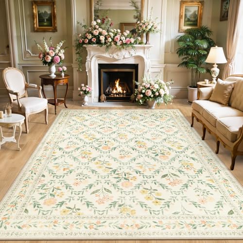 8x10 Floral Washable Area Rug for Living Room, Vintage Soft Non-Slip Carpet Z978379