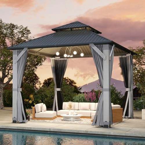 12'x12' Hardtop Gazebo with Galvanized Steel Roof, Aluminum Frame, Curtains & Netting X81832