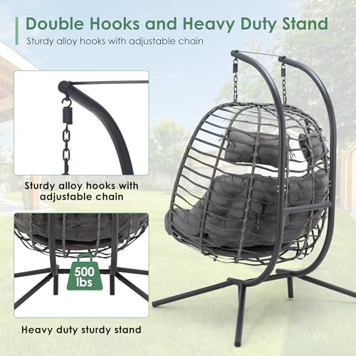 Double Egg Swing Chair with Stand, Rattan Wicker, UV Resistant Cushion, Metal Frame N439669