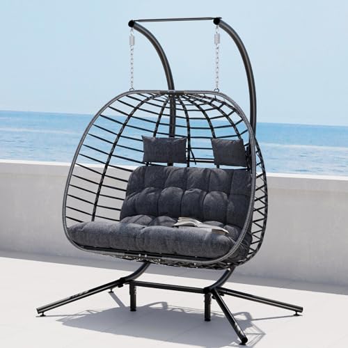 SWITTE Double Egg Swing Chair with Stand, Outdoor Patio Hanging Wicker Hammock with Cushion, Dark Grey X8839