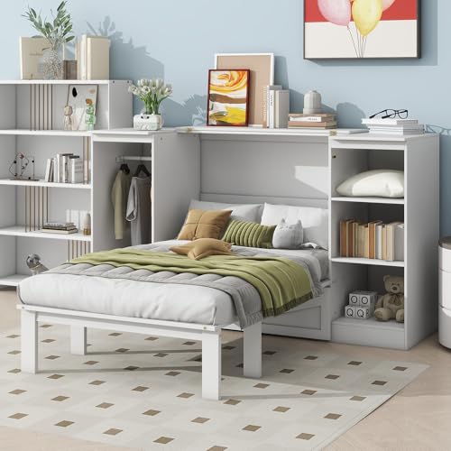 Twin Size Murphy Bed with Storage Shelves and Wardrobe, White X929