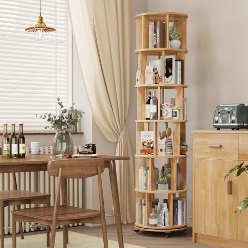 6 Tier Rotating Bookshelf Tower with Swivel Wheels, Solid Wood, Walnut B588