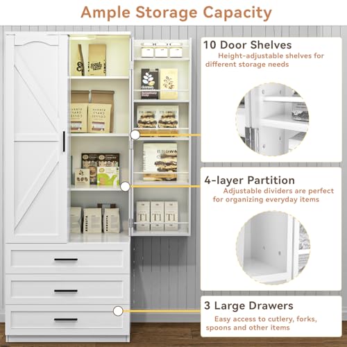 72" LED Kitchen Pantry Cabinet with 3 Drawers and Barn Doors U97073