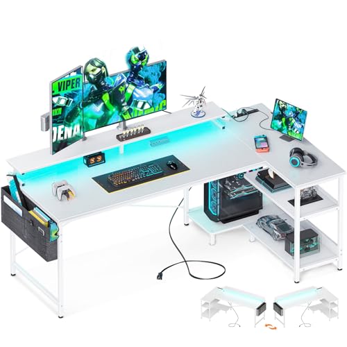 ODK 48 Inch L Shaped Gaming Desk with USB Charging Ports and LED Lights S136