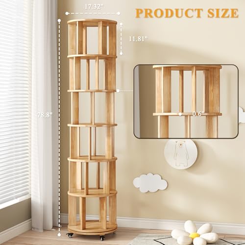 6 Tier Rotating Bookshelf Tower with Swivel Wheels, Solid Wood, Walnut B588