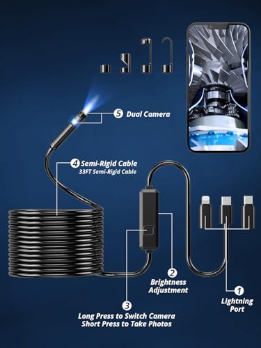 Dual-Lens 1920P HD Endoscope Camera with Light, IP67 Waterproof, 16.4ft for iOS & Android M65854