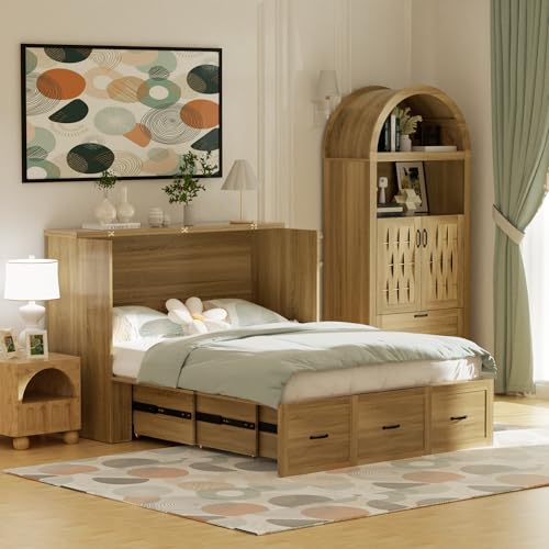 Murphy Bed Wood Wall Bed Cabinet with Drawer and USB Ports X615337