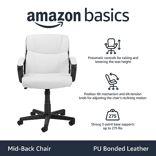 Amazon Basics Office Task Desk Chair with Padded Armrests, White Faux Leather W1292