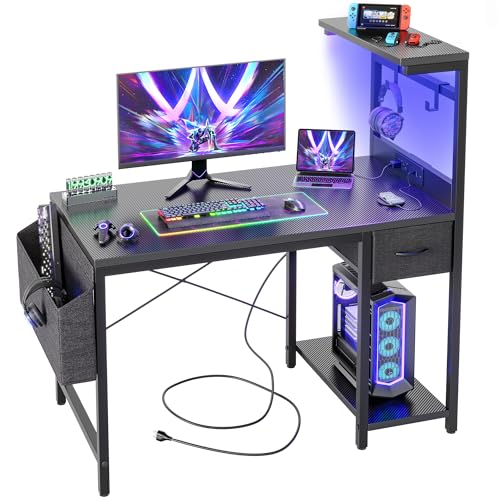 TIQLAB Gaming Desk 47 inch with Power Outlet and LED Light, Carbon Fiber Black P5873