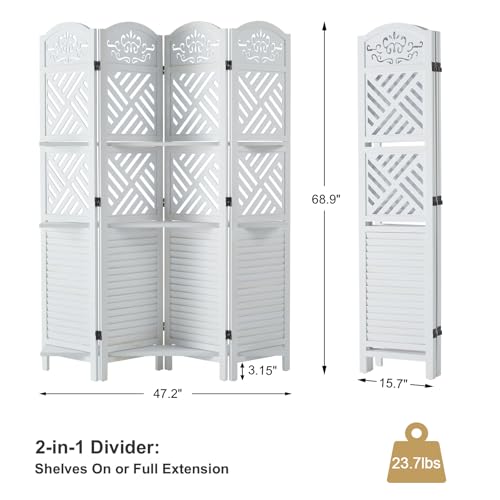 Folding Wood Room Divider with Shelves, 6 Panels, Natural K301
