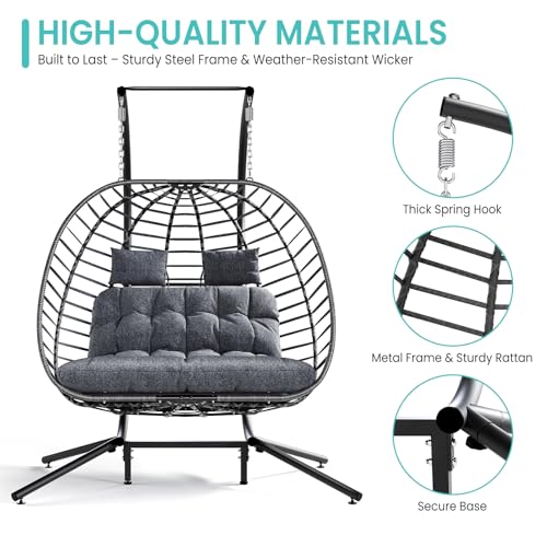 SWITTE Double Egg Swing Chair with Stand, Outdoor Patio Hanging Wicker Hammock with Cushion, Dark Grey X8839