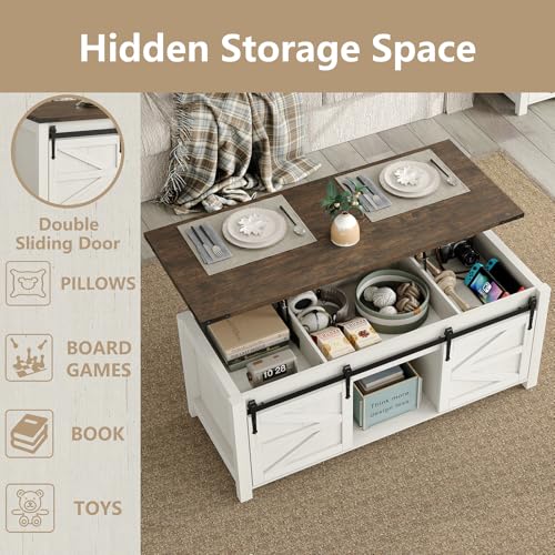 47.3" Lift Top Coffee Table with Storage and Barn Doors, White and Grey I616078