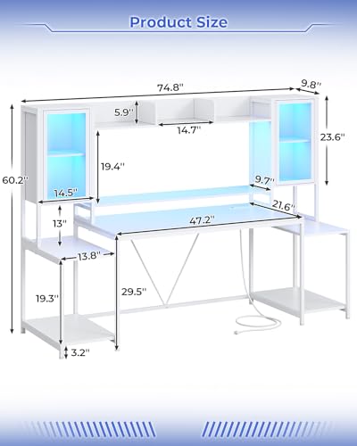 SEDETA Gaming Desk 74.8'' with LED Lights, Hutch and Storage Shelves, White W26827