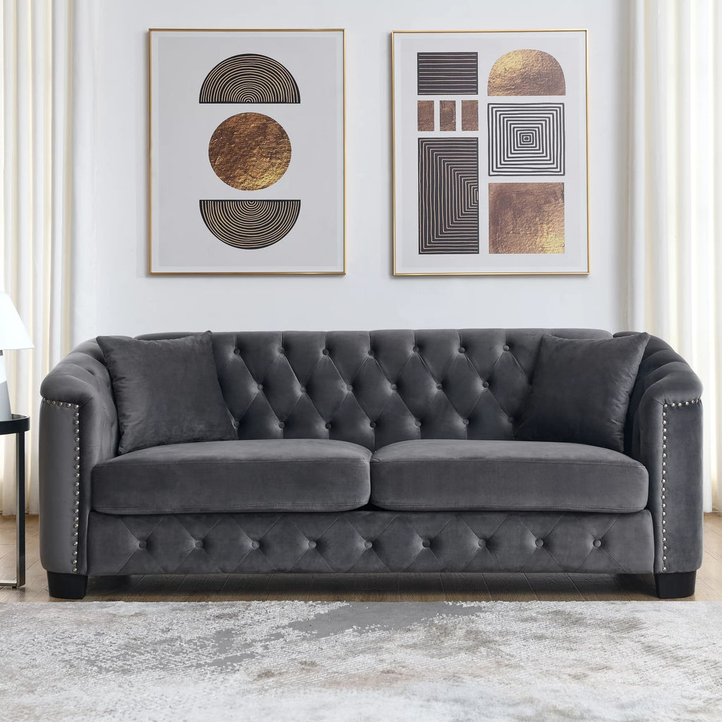 77-Inch Modern Chesterfield Velvet 3-Seater Sofa with Tufted Backrests, Grey E686