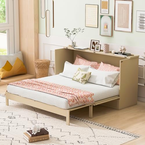 Merax Full Size Murphy Bed Cabinet with Charging Station and Storage Drawer, Gold O7045