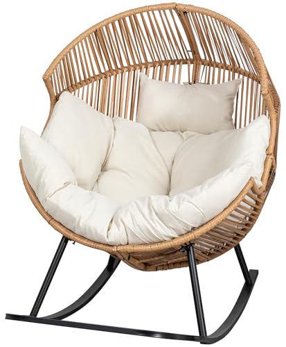 JAMFLY Egg Chair Wicker Outdoor Patio Lounger with Cushion, Beige O9160