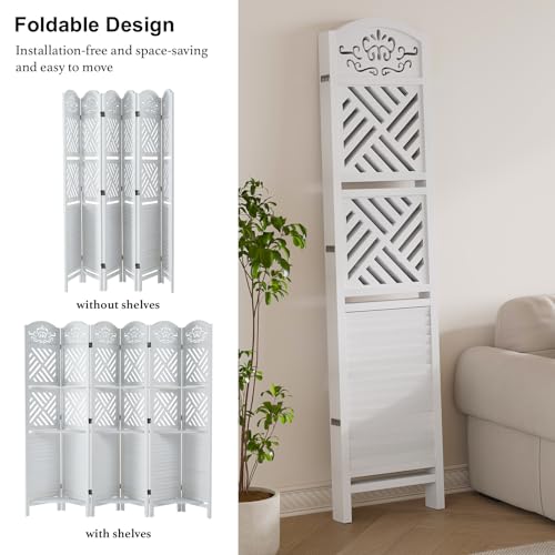 Folding Wood Room Divider with Shelves, 6 Panels, Natural K301