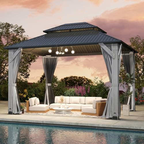 12'x12' Hardtop Gazebo with Galvanized Steel Roof, Aluminum Frame, Curtains & Netting X81832