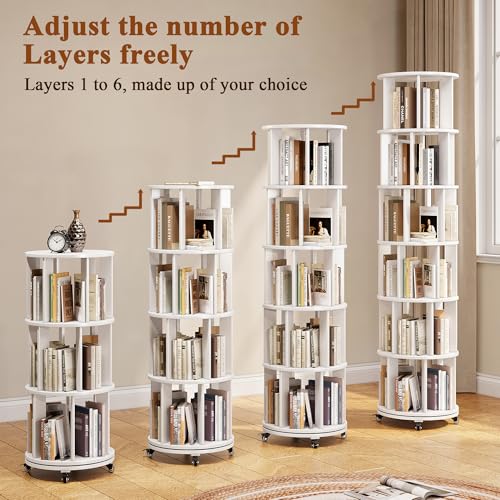 6 Tier Rotating Bookshelf Tower with Swivel Wheels, Solid Wood, Walnut B588