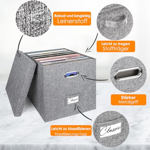 Vinyl Record Storage Box for 50 LPs, Stackable Linen Crate with Lid P294298