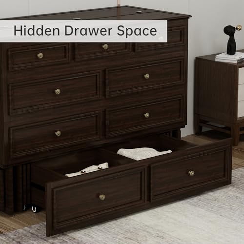 Solid Wood Murphy Bed Cabinet Full with USB Charging Ports and Storage Drawer, Ebony D190415