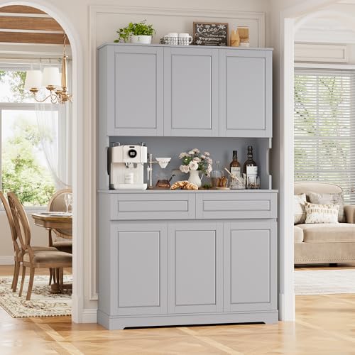 74" Tall Pantry Cabinet with 6 Doors and 2 Drawers, Grey E15130