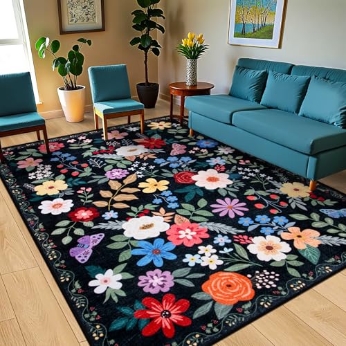 8x10 Floral Washable Area Rug for Living Room, Vintage Soft Non-Slip Carpet Z978379