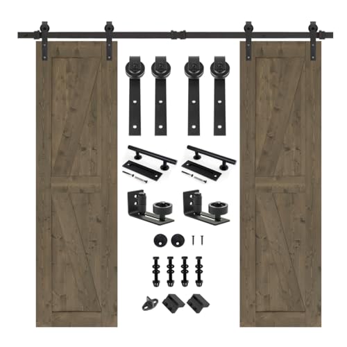 S&Z TOPHAND® 20 in x 84 in Elephant Gray British Brace Knotty Barn Door with 4FT Sliding Hardware Kit G149446