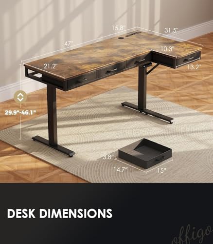 OffiGo 63 Inch L Shaped Electric Standing Desk with Drawers, Black O5647