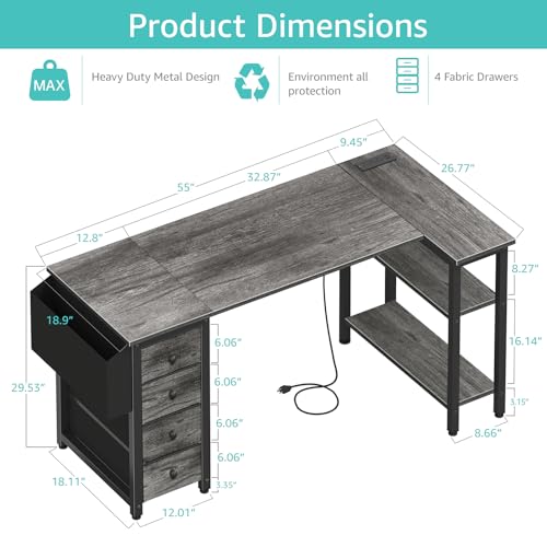 Lufeiya L Shaped Gaming Desk with Drawers & Power Outlet, Black A39519
