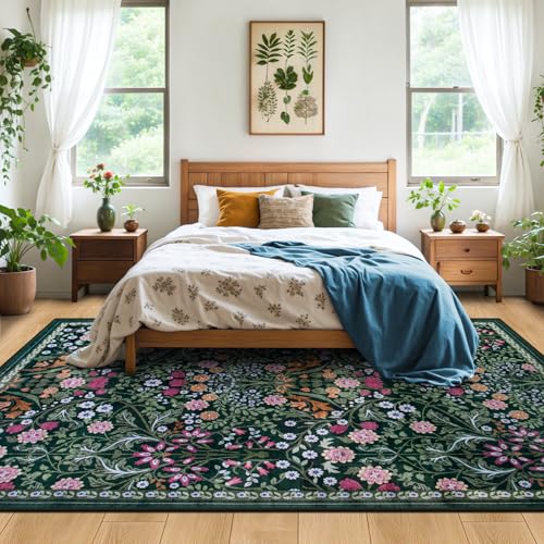 8x10 Floral Washable Area Rug for Living Room, Vintage Soft Non-Slip Carpet Z978379