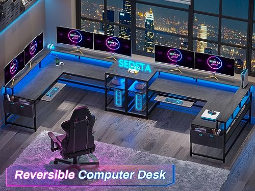 SEDETA L Shaped Gaming Desk with Power Outlets & LED Strip, Black U65690