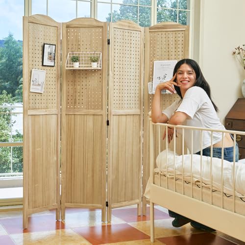 Pegboard Display 5.6Ft Wooden Room Divider Folding Privacy Screen Freestanding Wall Organizer, 4 Panels, Natural C603