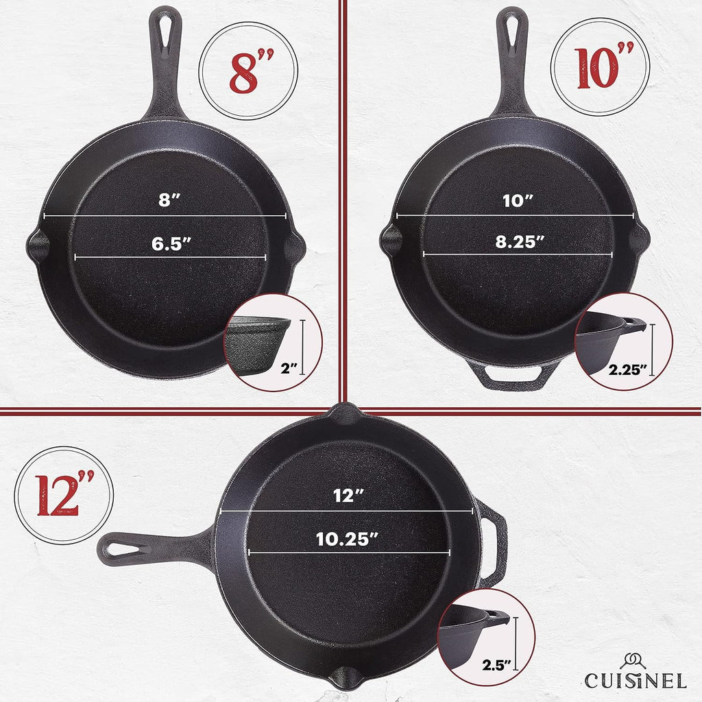 Cast Iron Skillet Set with Lids - 8, 10, 12 Inch Pre-Seasoned Frying Pan Set R6507