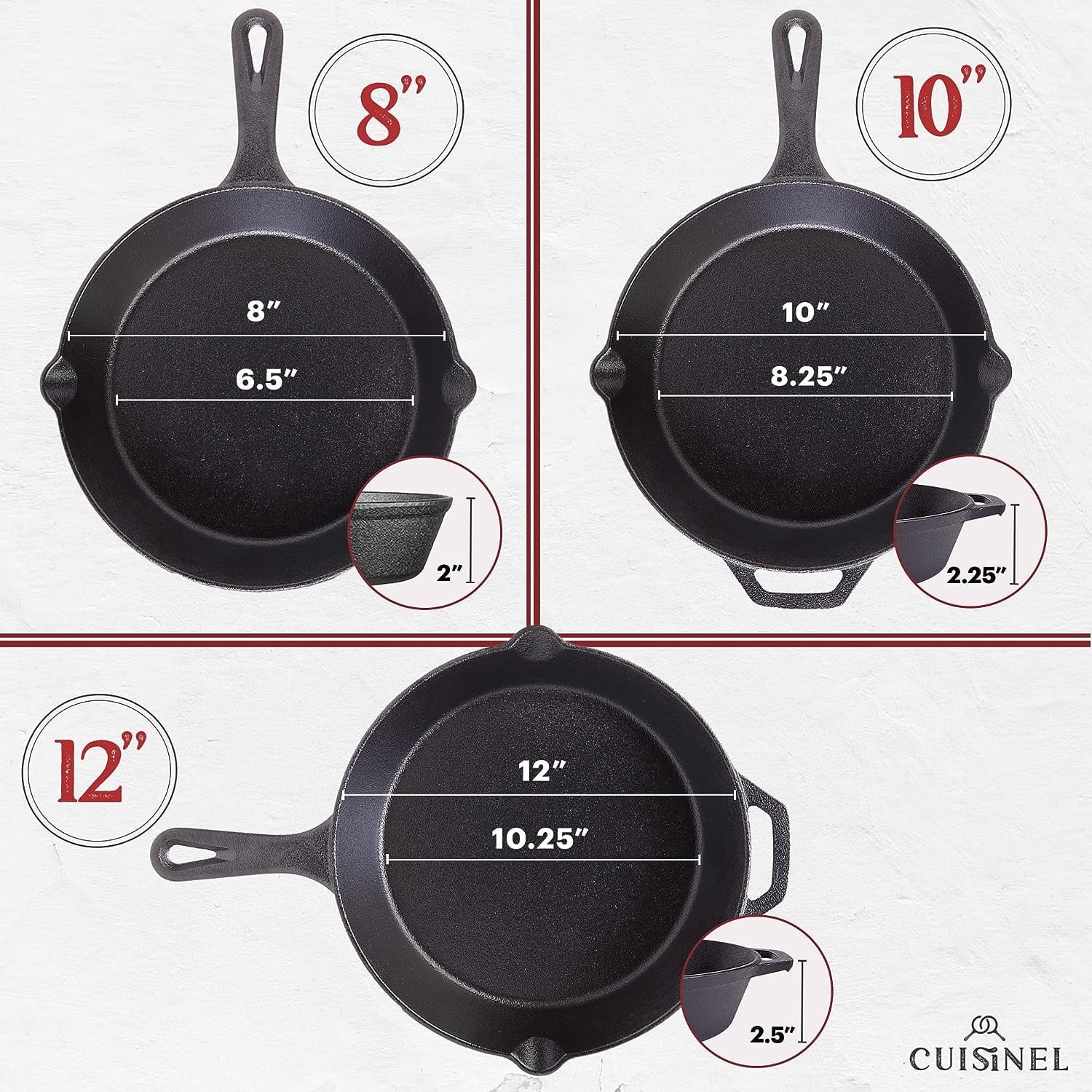 Cast Iron Skillet Set with Lids - 8, 10, 12 Inch Pre-Seasoned Frying Pan Set R6507