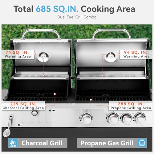 3 Burner Propane Charcoal Combo Grill with Side Burner, 685 SQIN W461